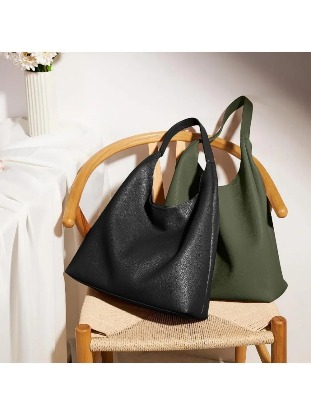 Casual Slouchy Hobo Tote Bag | Soft Vegan Leather, Suede Lining, Keychain Pocket